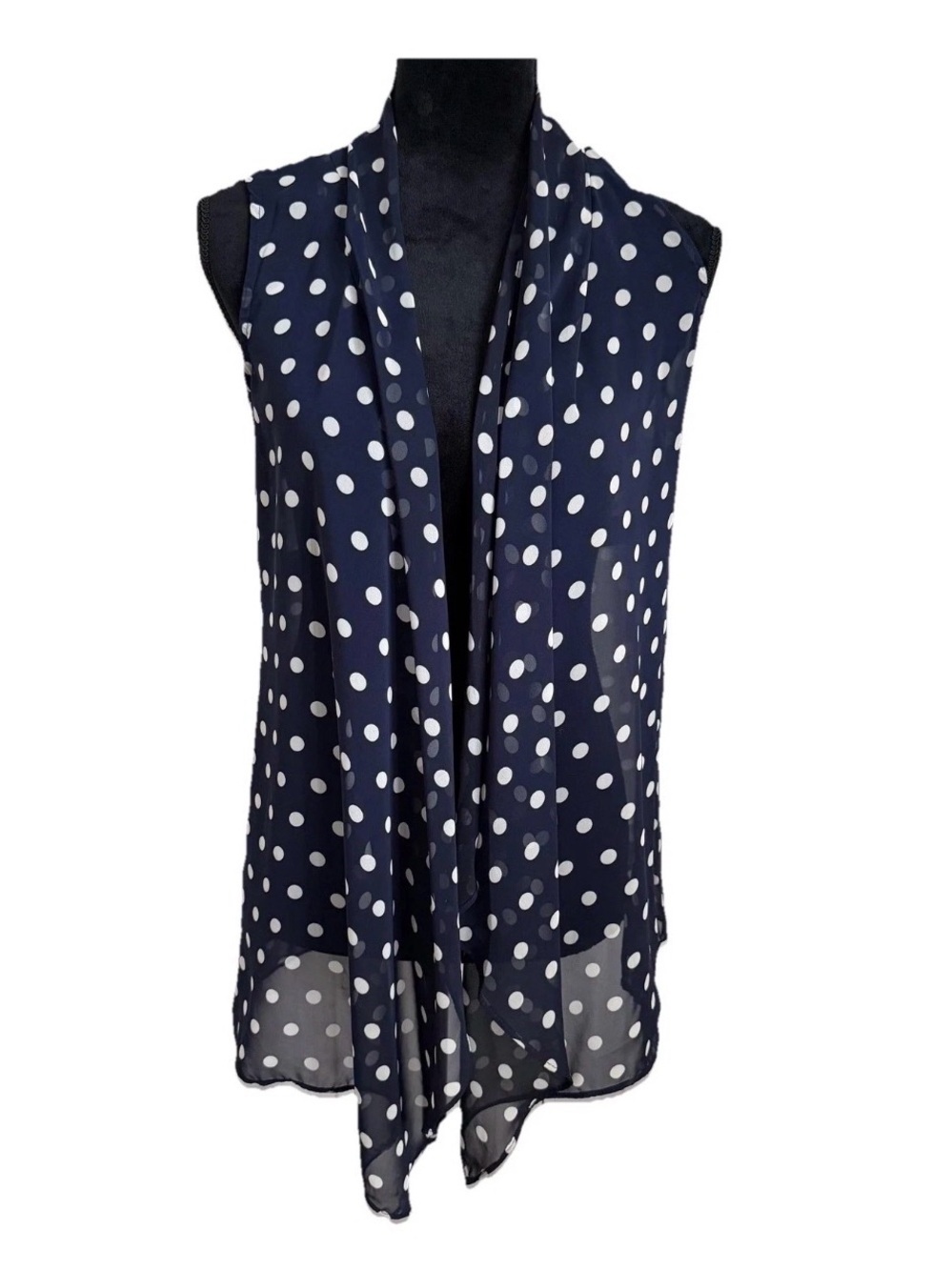 Susan Graver Kimono Blouse Womens XXS Blue Polka Dot Sleeveless Sheer Open Front